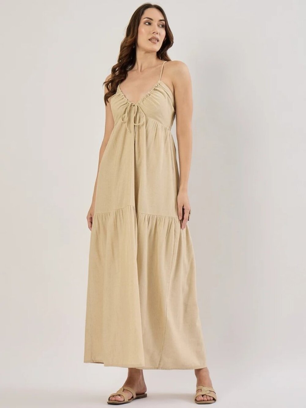 Sim & Sam Linen Beige Halter V Neck Bohemian Tiered Beachy Maxi Dress